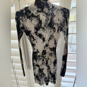 Cotton Citizen Black & White Ribbed Tie-Dye Long Sleeve Bodycon Dress